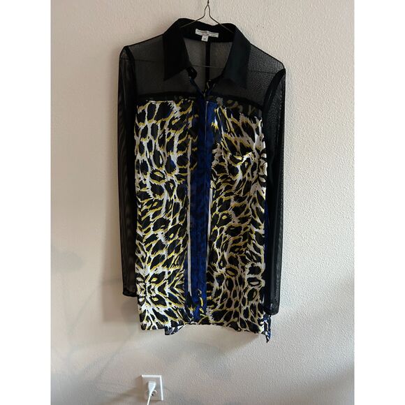 Alberto Makali Sheer Leopard Print Blouse Mesh Sleeve Size M - Picture 1 of 7